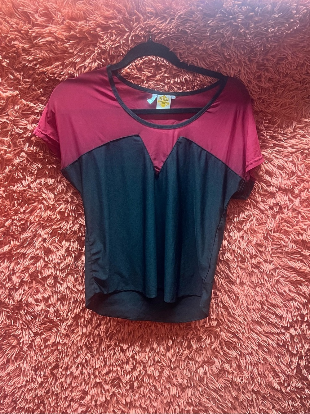 Available Women's Two-Tone Burgundy and Black Short Sleeve Mesh Top Medium